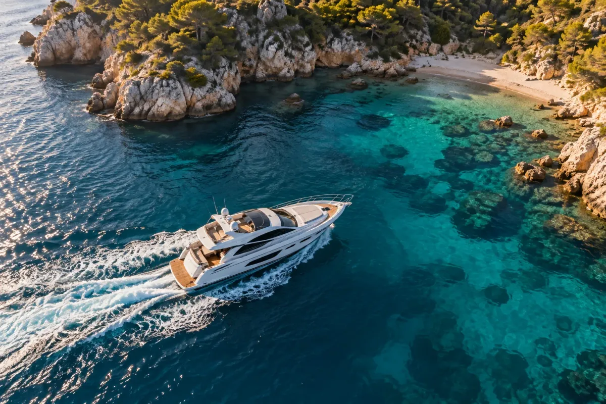 A 50-foot motor yacht viewed from above near a Mediterranean cove