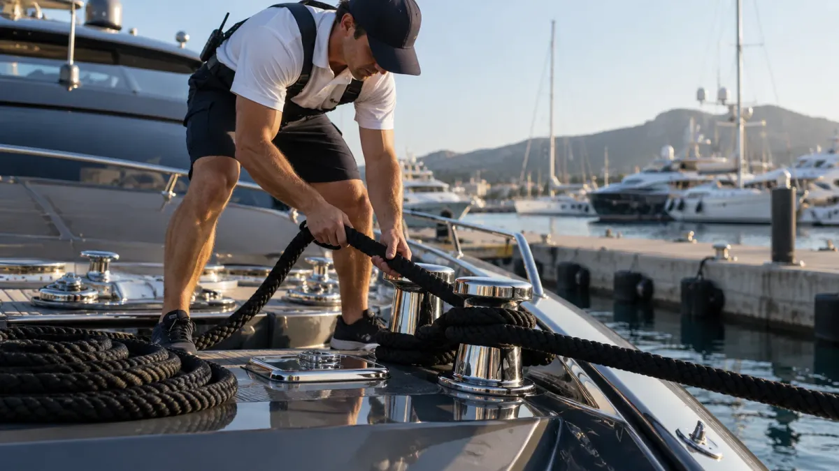 Deckhand securing a mooring line on the bow cleat of a yacht