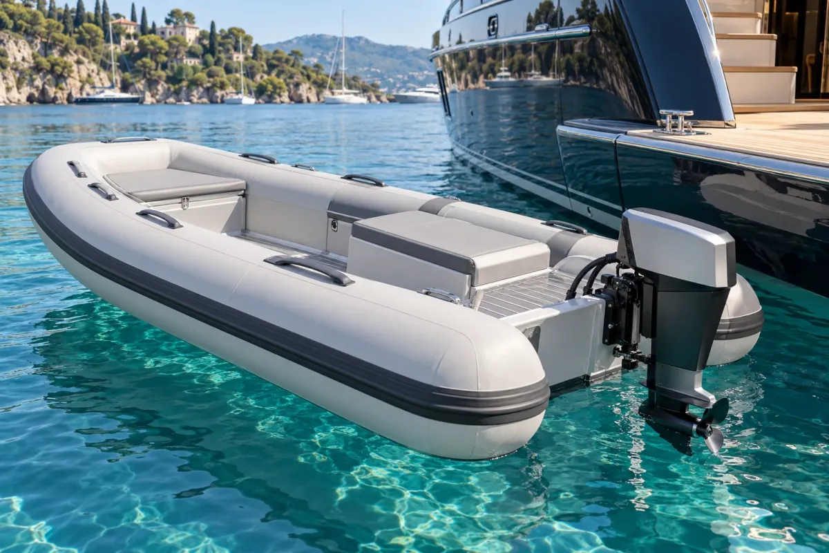 Compact inflatable yacht tender fitted with a portable electric outboard