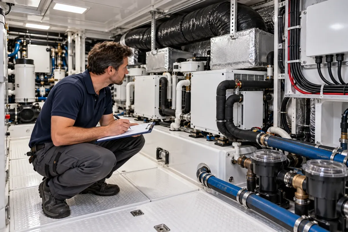 Marine technician planning seawater hoses, ducting and electrical connections for a yacht air conditioner