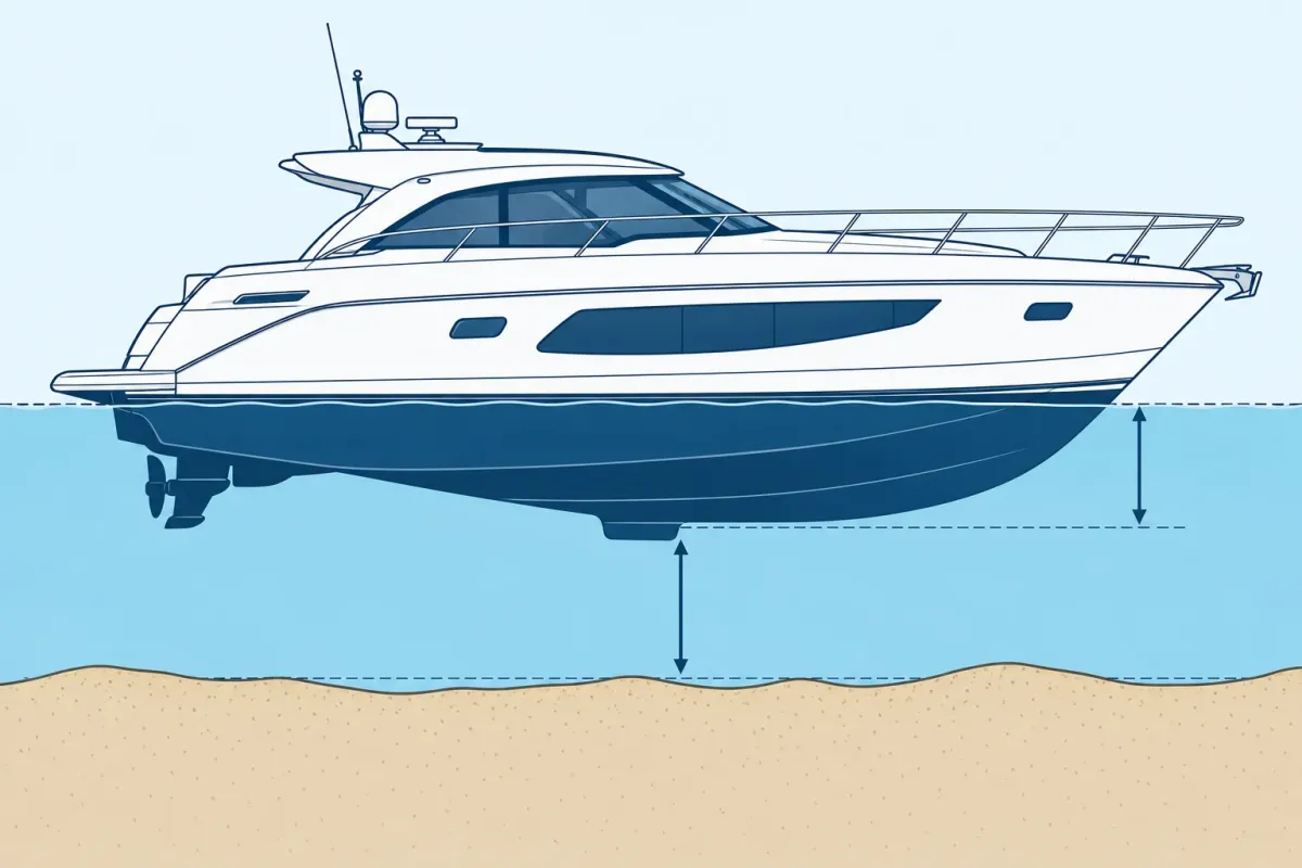 Schematic cross-section showing a yacht's draft below the waterline and clearance between the keel and seabed
