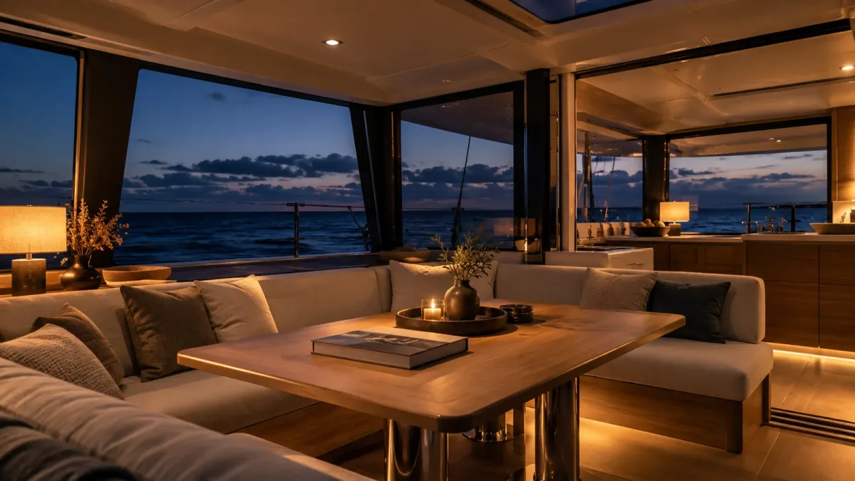 Warmly lit catamaran saloon overlooking dark water at blue hour