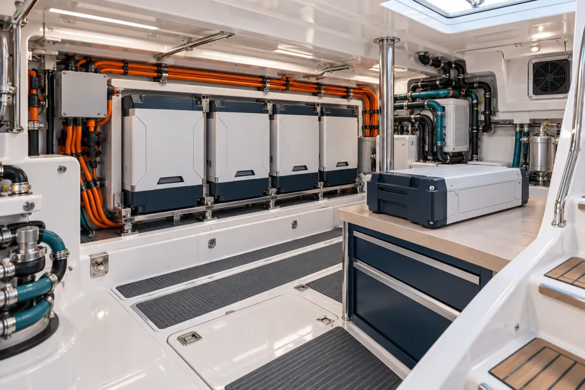 Conceptual marine propulsion battery compartment with enclosed modules and space for servicing