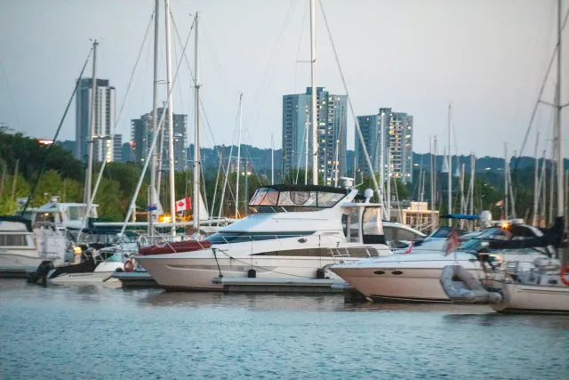 Yachts docked in a marina with a city skyline in the background