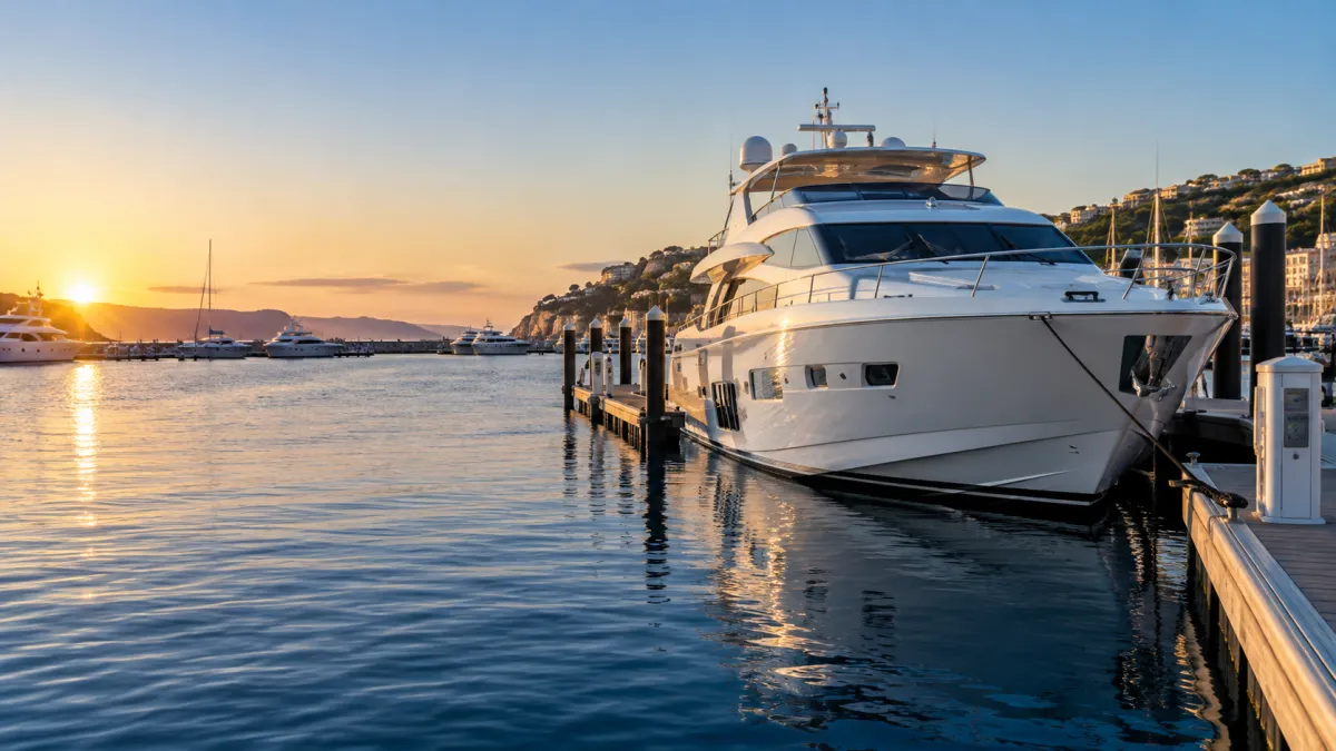 Motor yacht moored at a marina