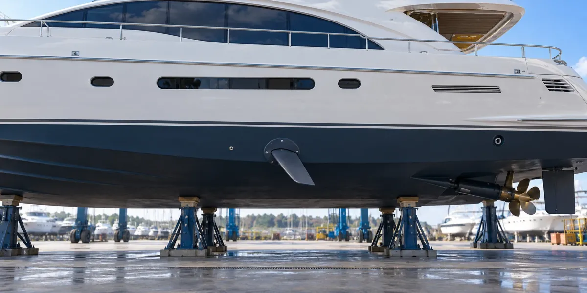 Conceptual yacht haul-out showing a pair of external fin stabilizers under the hull