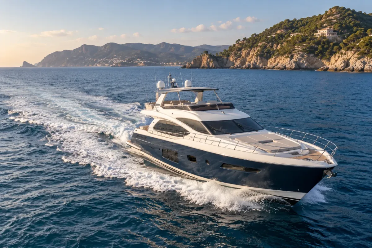 Yacht cruising at steady speed along a coastal route