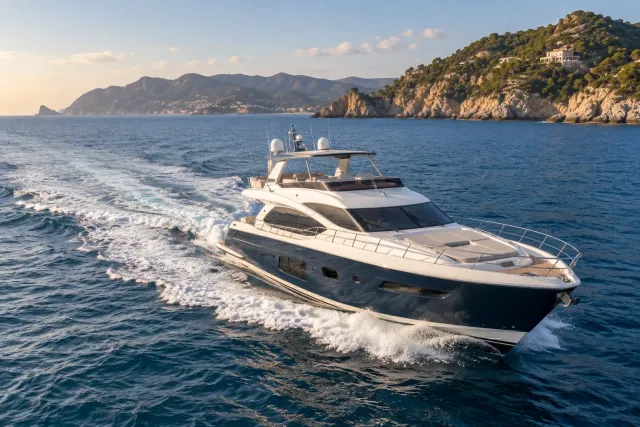 Yacht cruising at steady speed along a coastal route