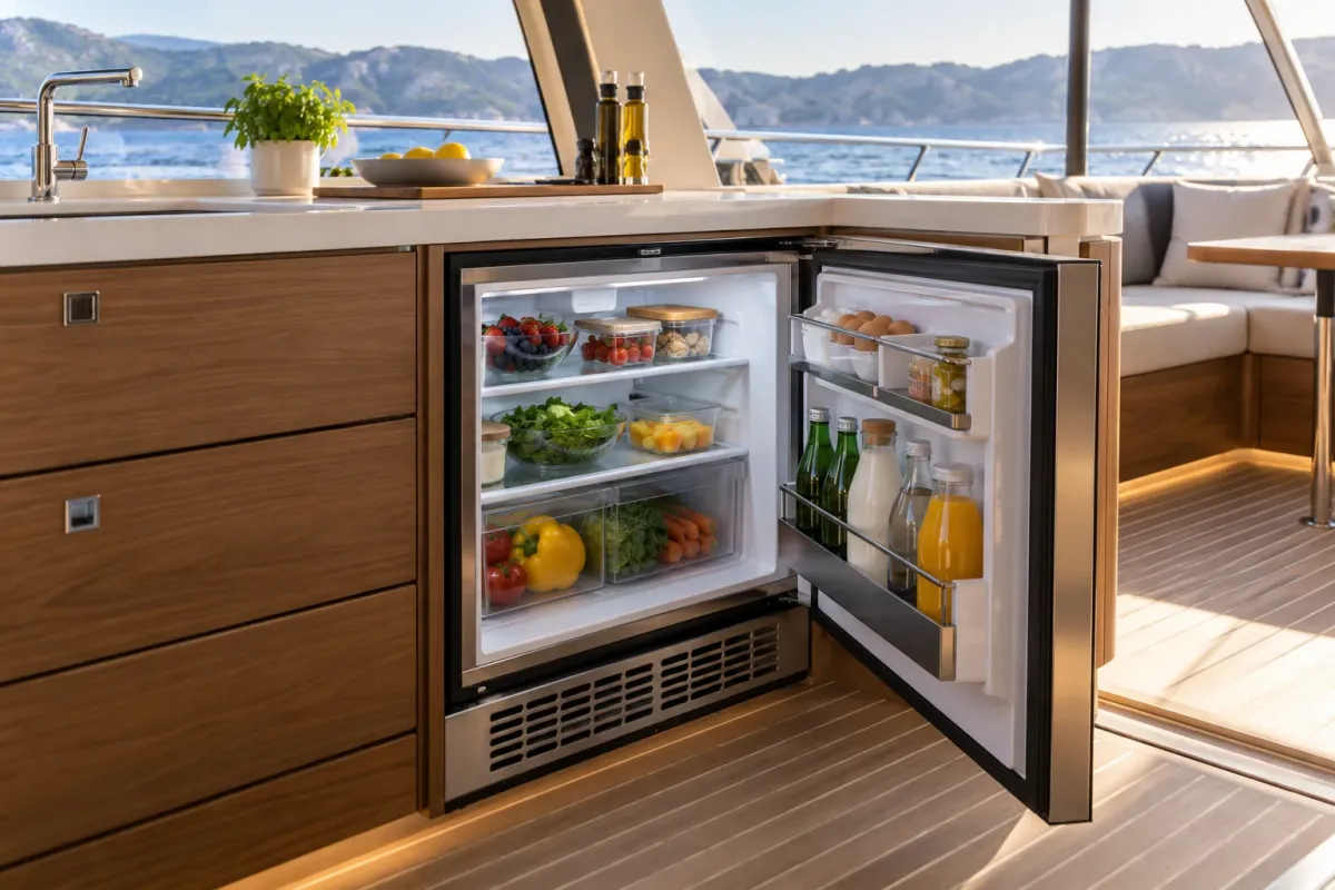 Open yacht galley refrigerator showing provisions and ventilation