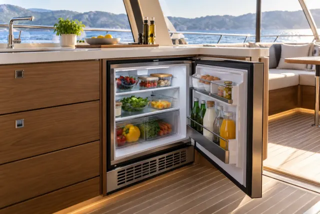 Open yacht galley refrigerator showing provisions and ventilation