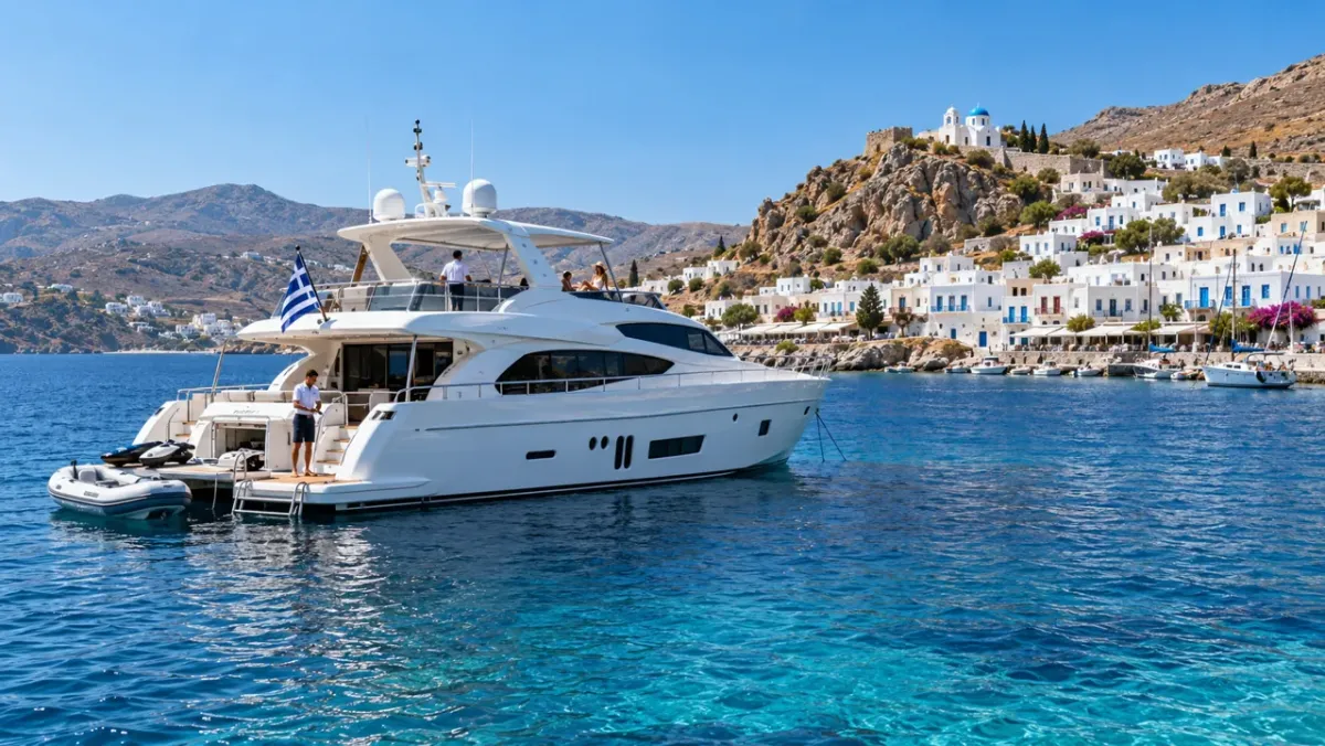 illustration of a motor yacht outside a Greek island harbour