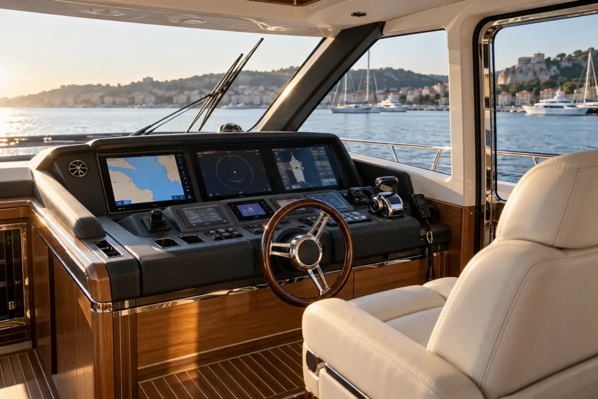 Helm station and navigation displays inside a 50-foot flybridge yacht