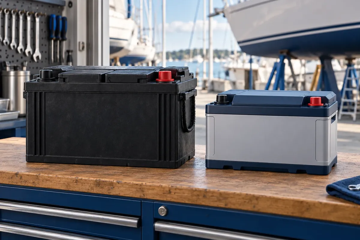 conceptual comparison of enclosed AGM and lithium marine batteries on a workshop bench