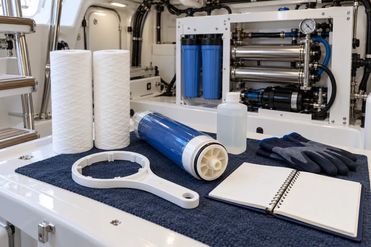 Conceptual yacht watermaker maintenance supplies including filters, membrane and service tools