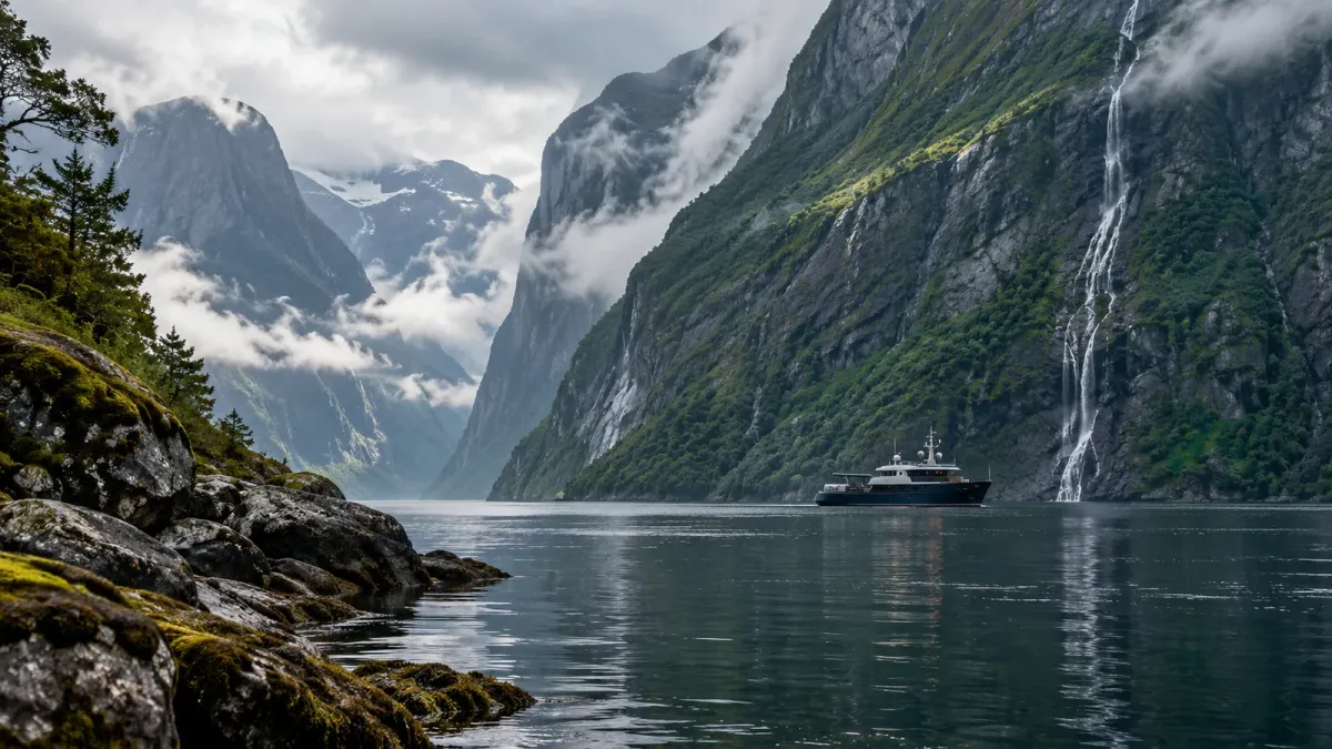 Small dark expedition yacht beneath towering misty Norwegian-style fjord walls