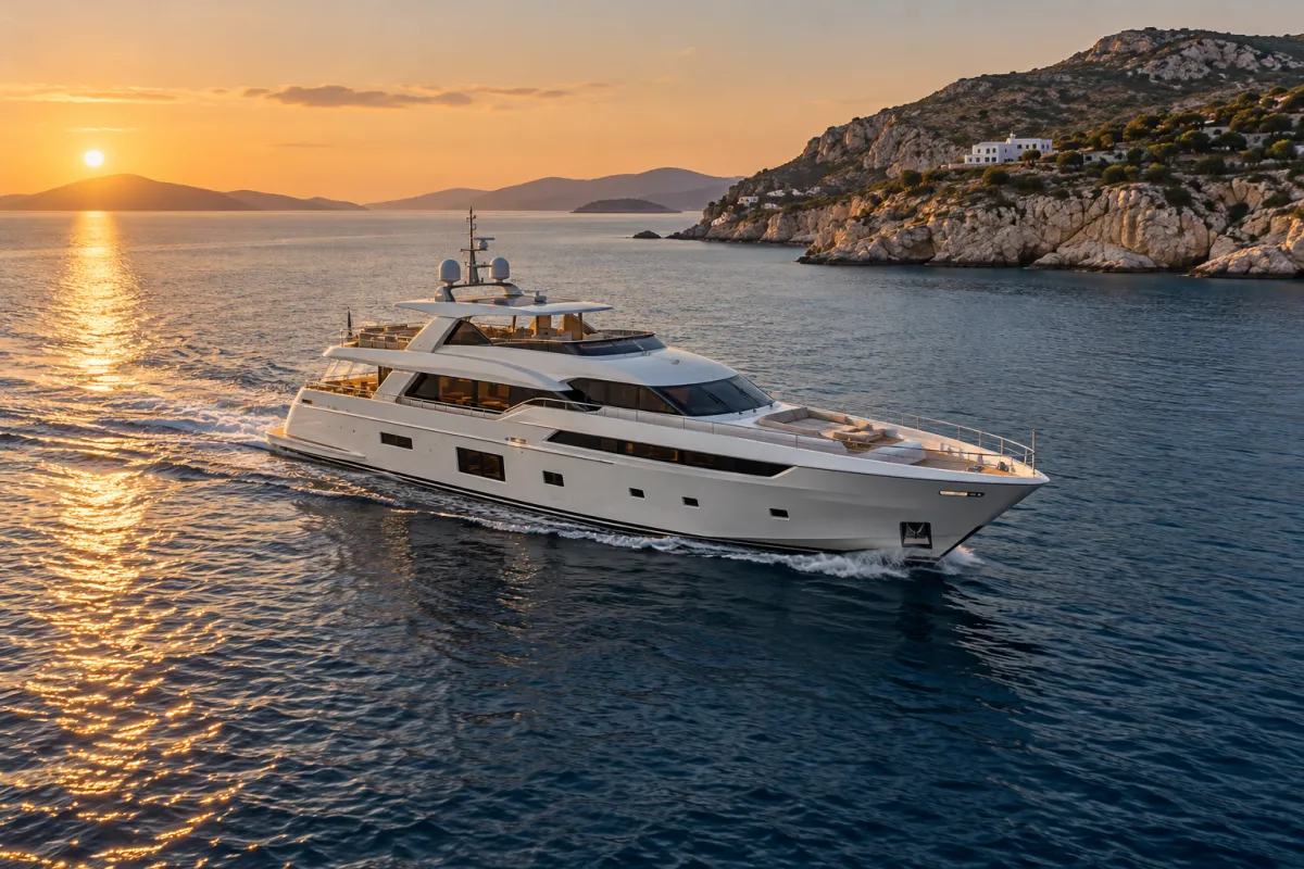 A motor yacht cruising slowly past a quiet Greek island at golden hour