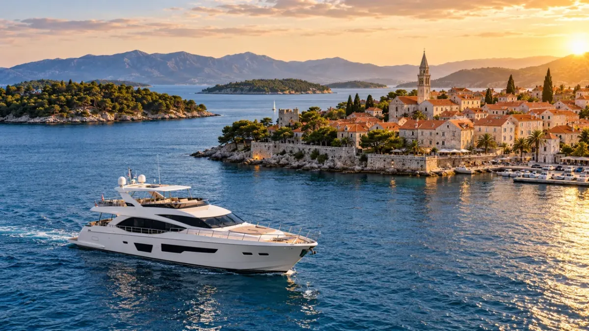 illustration of a yacht beside a Croatian-style stone waterfront and terracotta rooftops