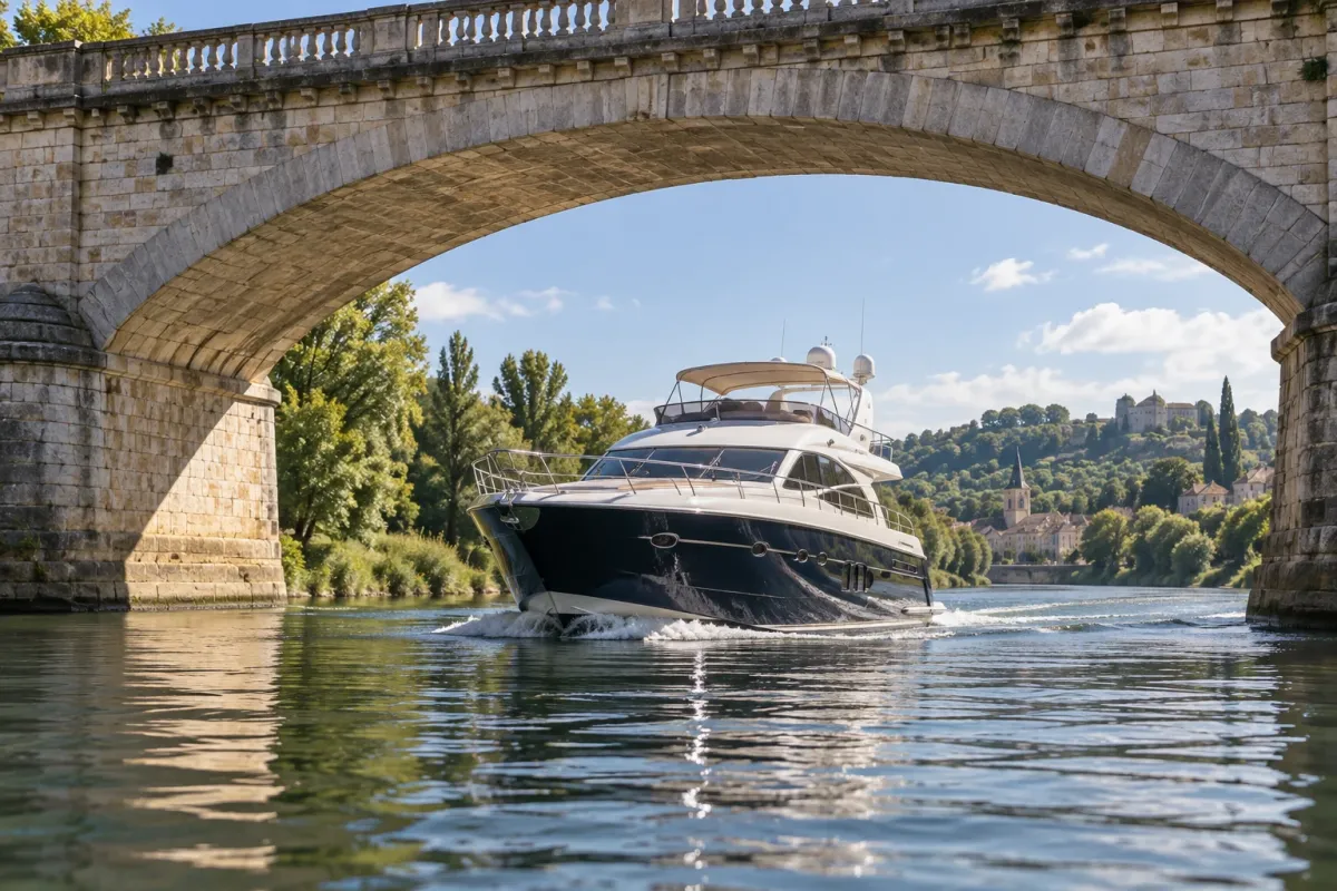 A motor yacht passing beneath a stone bridge with visible overhead clearance