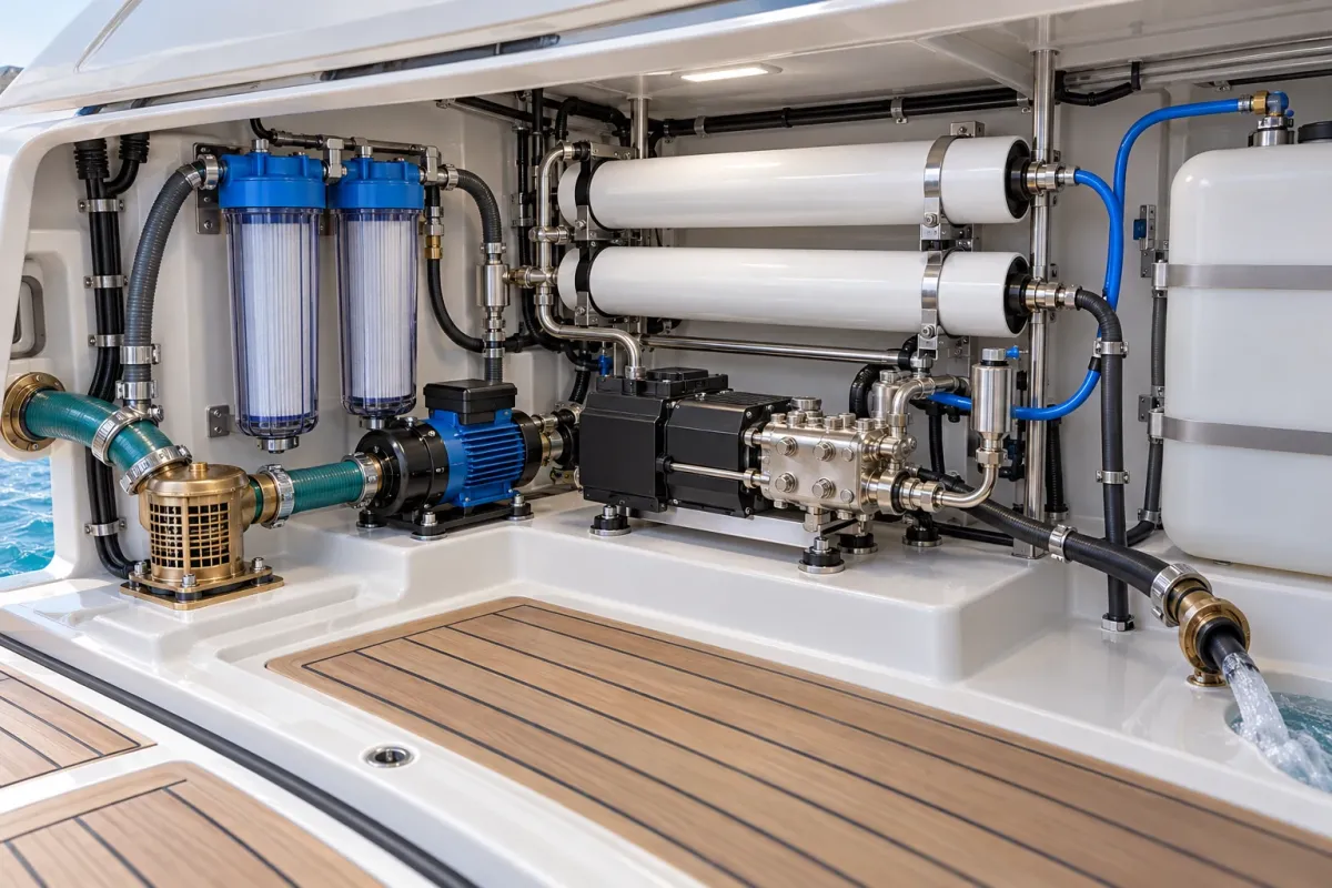 Conceptual cutaway of a yacht reverse-osmosis watermaker with pumps, filters and membrane vessels
