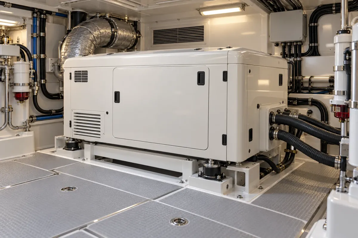 conceptual illustration of an enclosed marine generator in a yacht machinery compartment