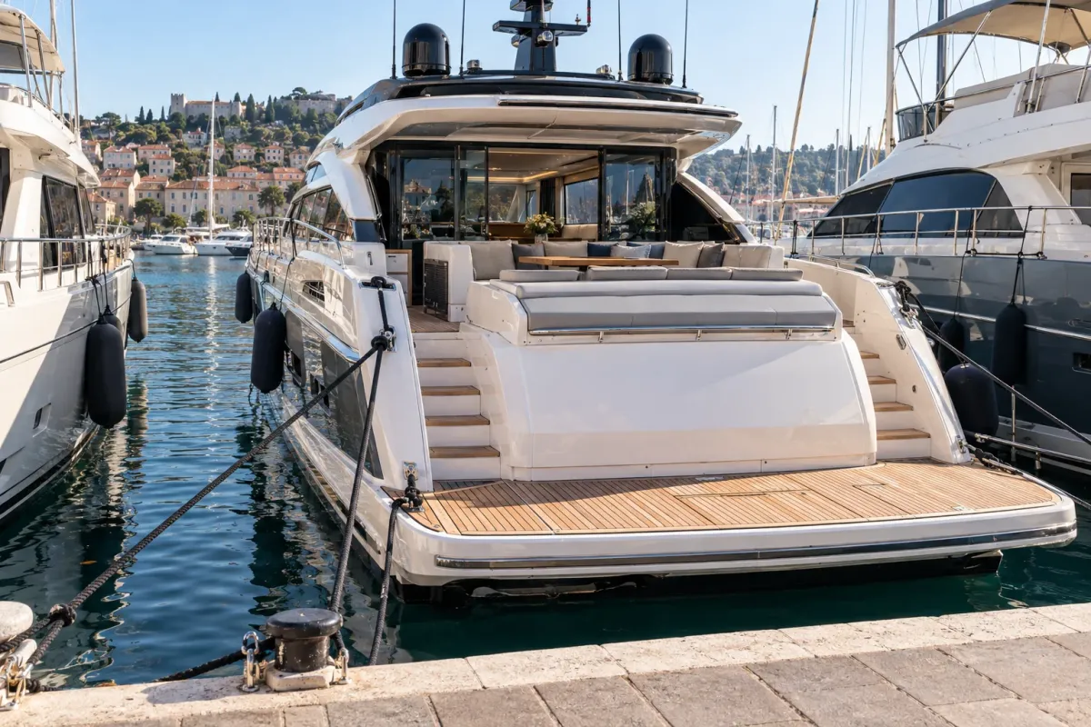 A 60-foot motor yacht berthed in a marina with dock and neighboring boats visible