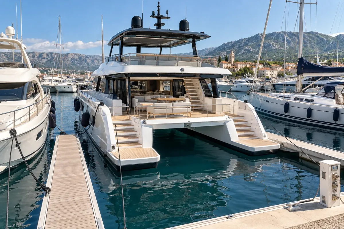 A wide 70-foot power catamaran at a marina berth beside narrower monohull yachts