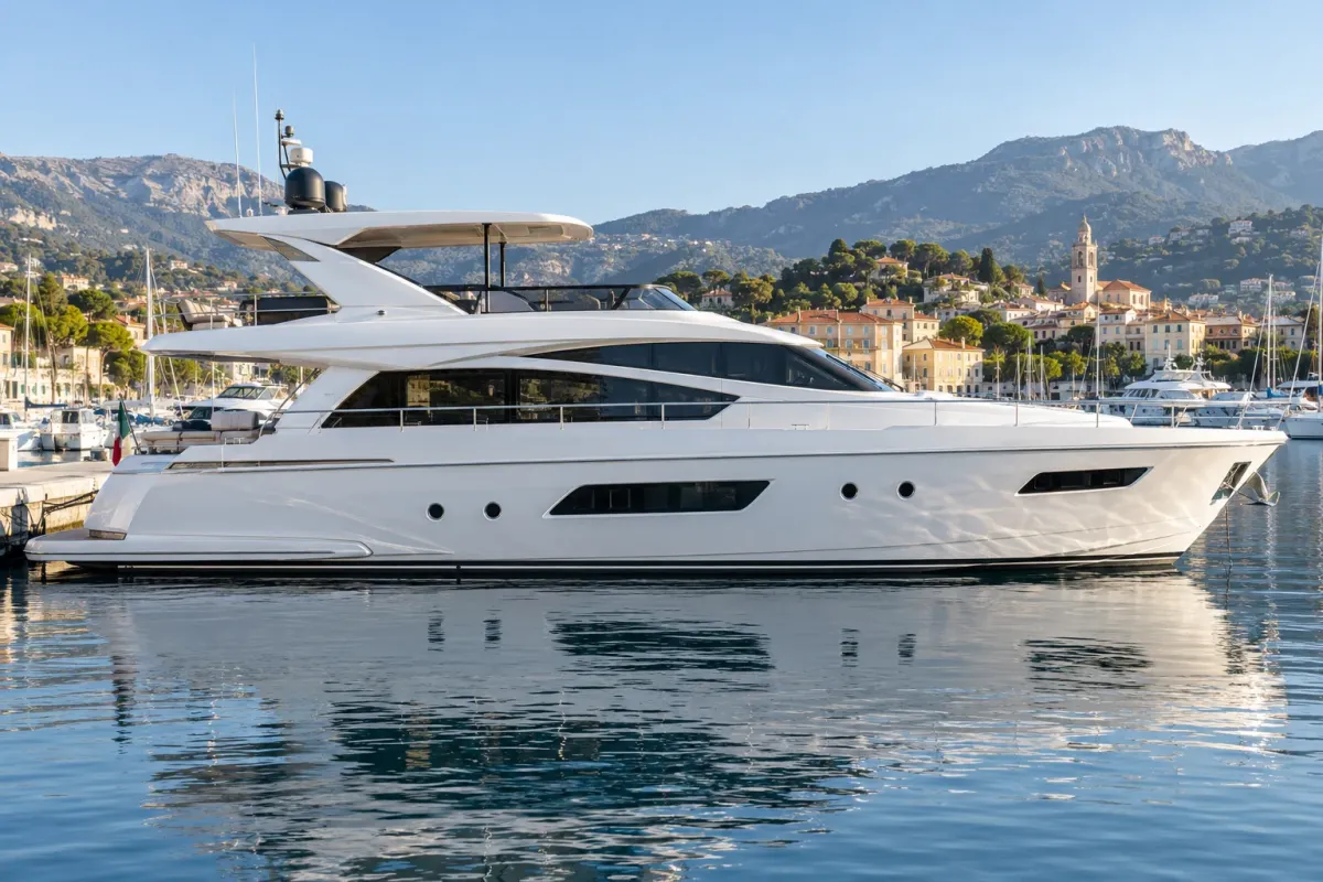A modern 60-foot motor yacht shown in side profile at a Mediterranean marina