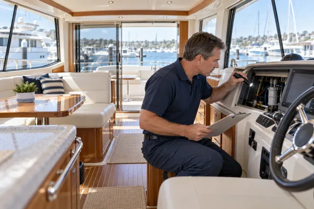 Marine surveyor inspecting a yacht helm and onboard controls