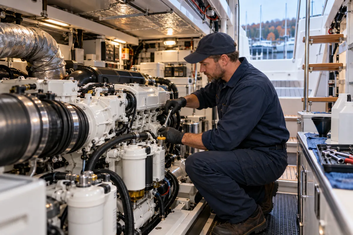 Marine technician servicing a yacht diesel engine for winterization