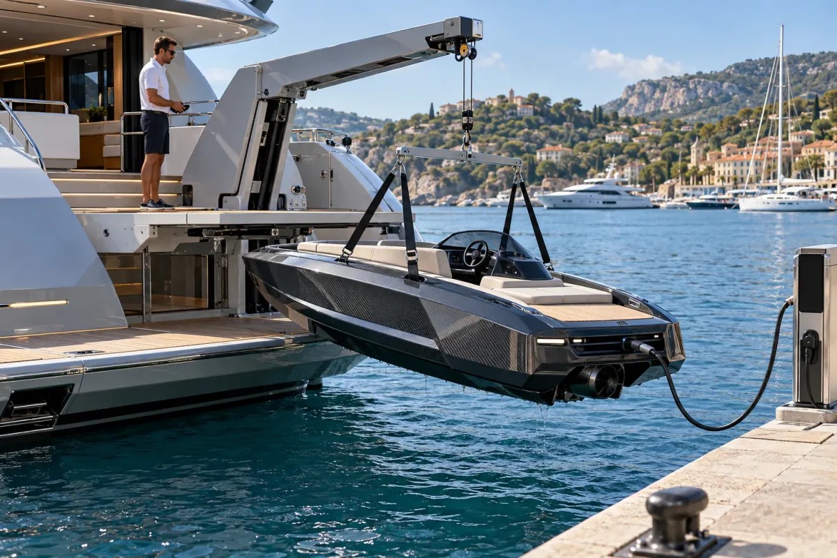 Integrated electric jet tender being handled beside a superyacht with a charging connection