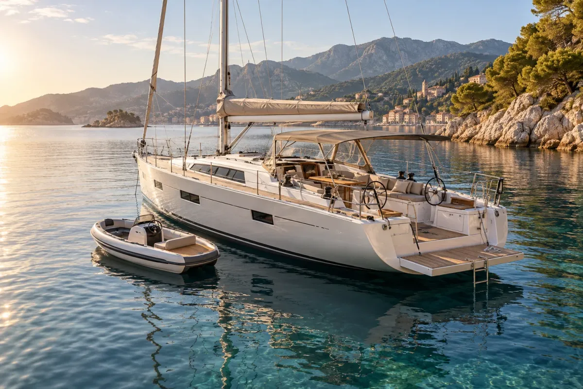 Electric yacht tender alongside a cruising yacht in a Mediterranean anchorage