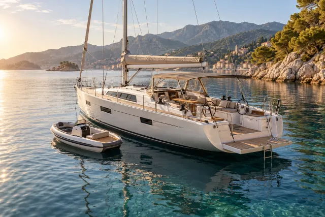 Electric yacht tender alongside a cruising yacht in a Mediterranean anchorage