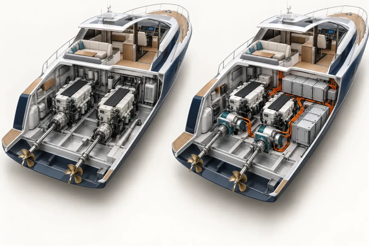 Conceptual cutaway illustration comparing conventional diesel and battery-hybrid yacht machinery
