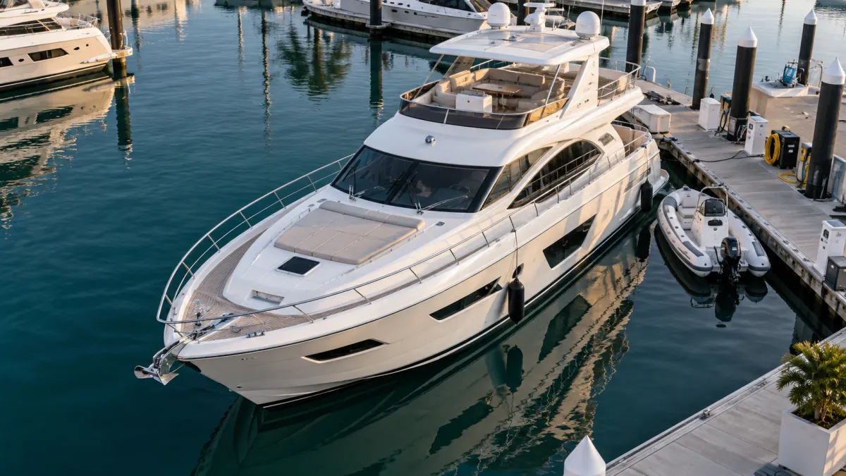 Yacht ownership cost guide showing a motor yacht at a marina — YachtMetric