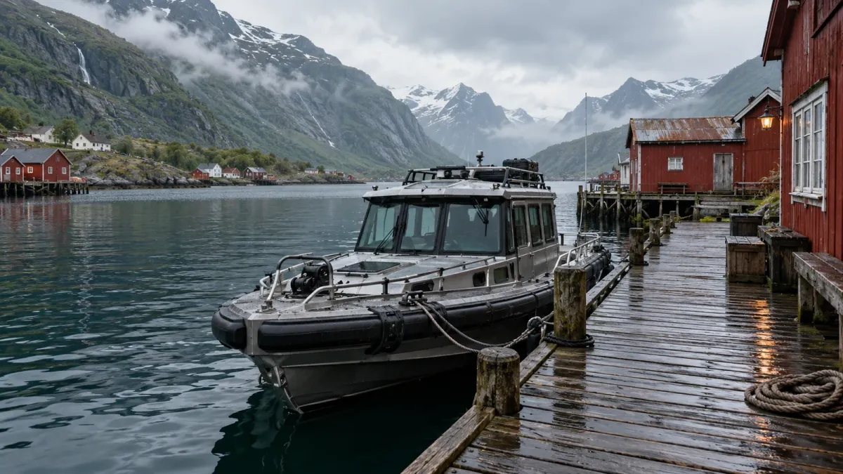 Enclosed expedition tender beside rain-wet Norwegian-style timber boathouses