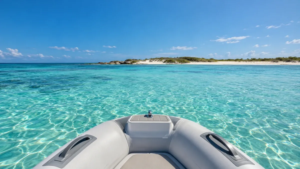 Bow of an inflatable tender in clear water near a low sandy Bahamian-style cay