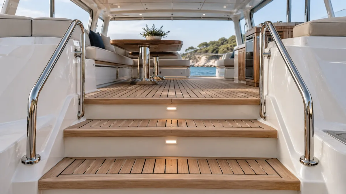 Teak yacht companionway with shallow steps and stainless steel handrails