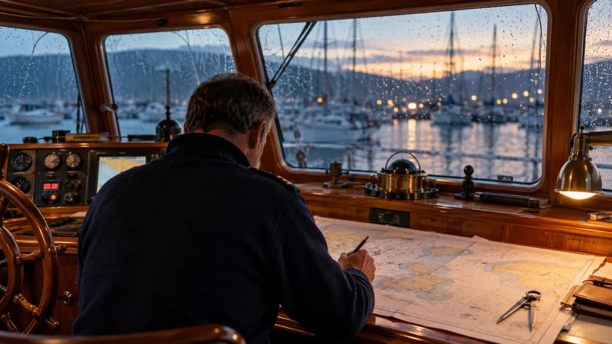 Captain planning a passage in a yacht wheelhouse at rainy dawn