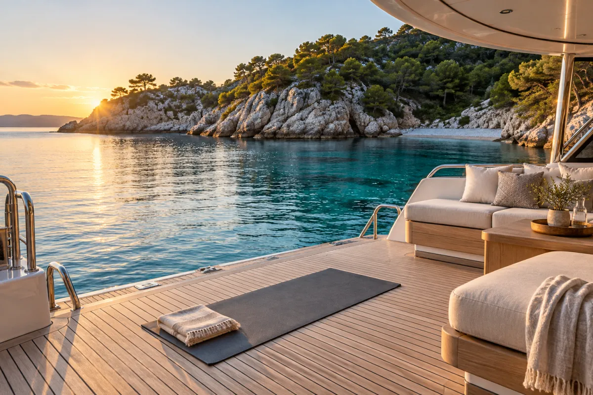 A quiet yacht deck at sunrise in a secluded Mediterranean cove