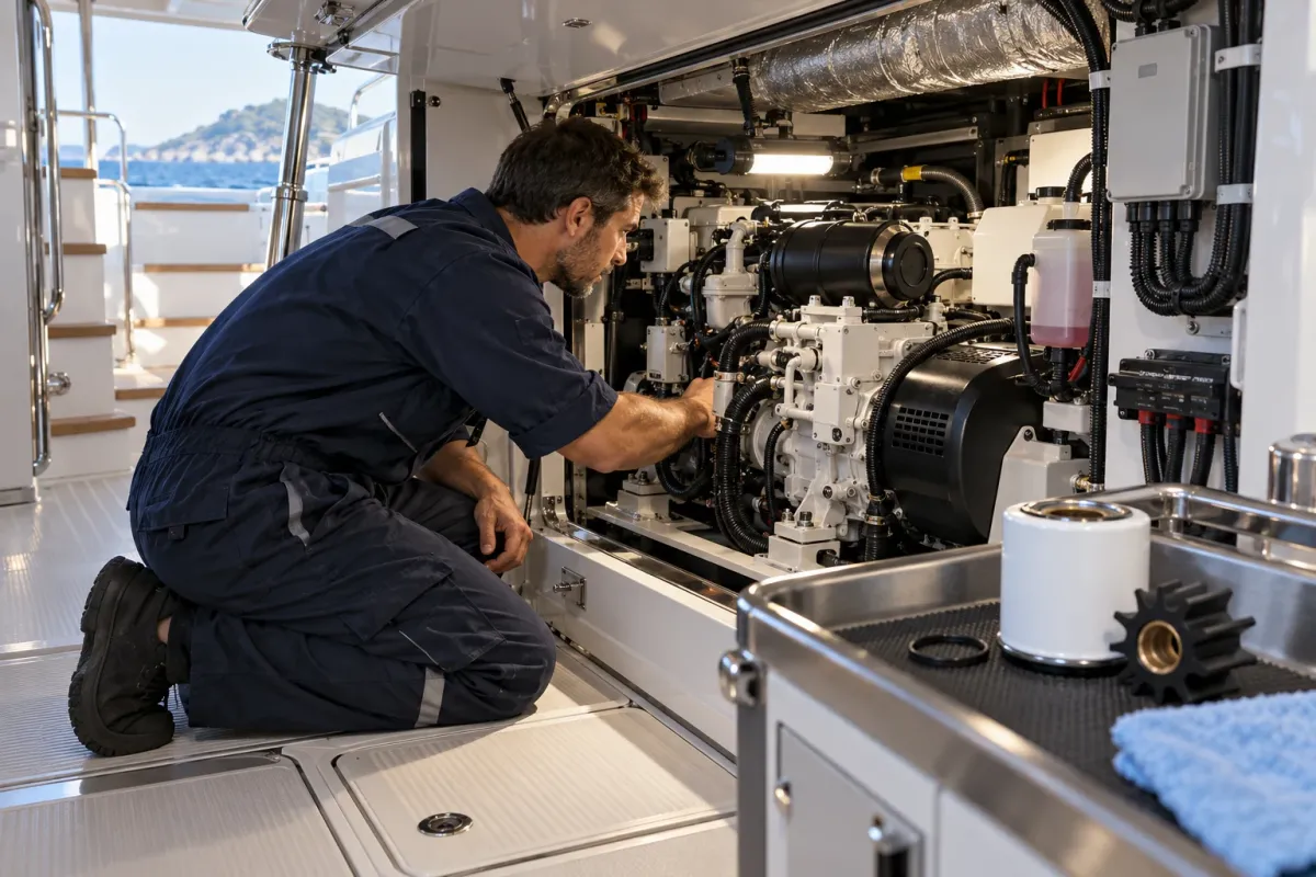 conceptual scene of a marine technician inspecting a stopped yacht generator
