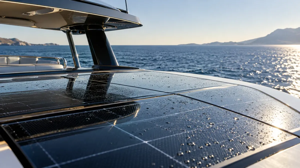 Close view of dark photovoltaic panels on a yacht hardtop