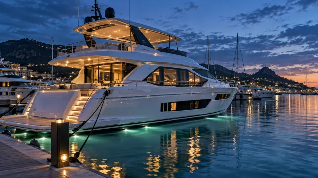 70-foot yacht moored at a marina at blue hour — YachtMetric