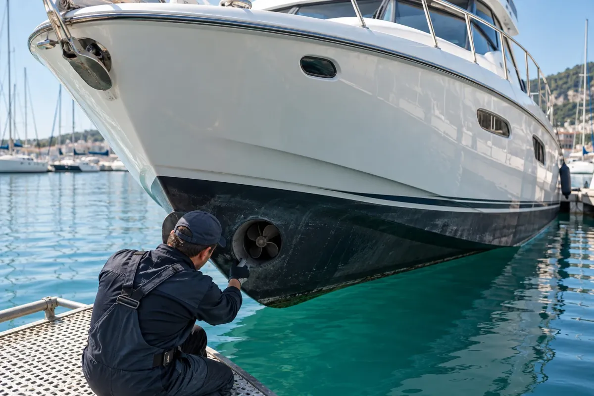 Marine technician inspecting a yacht bow thruster installation