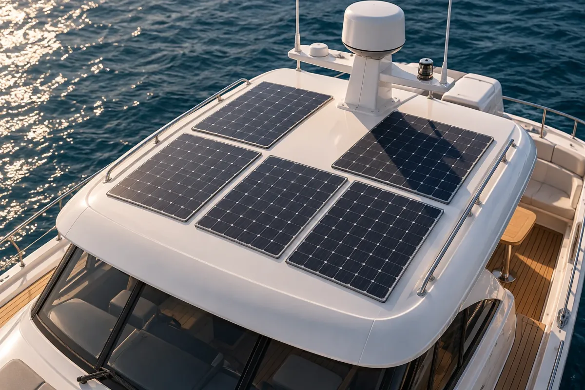 Conceptual illustration showing rooftop yacht solar panels with partial shade from a radar mast