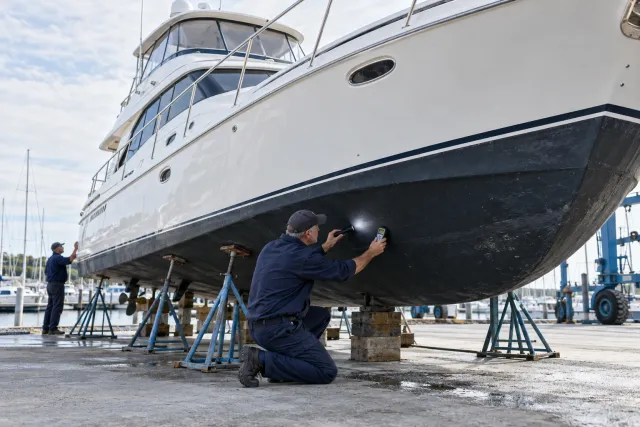 Marine surveyor inspecting a yacht hull in a boatyard