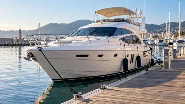 White motor yacht moored beside a marina pontoon with shore power connections