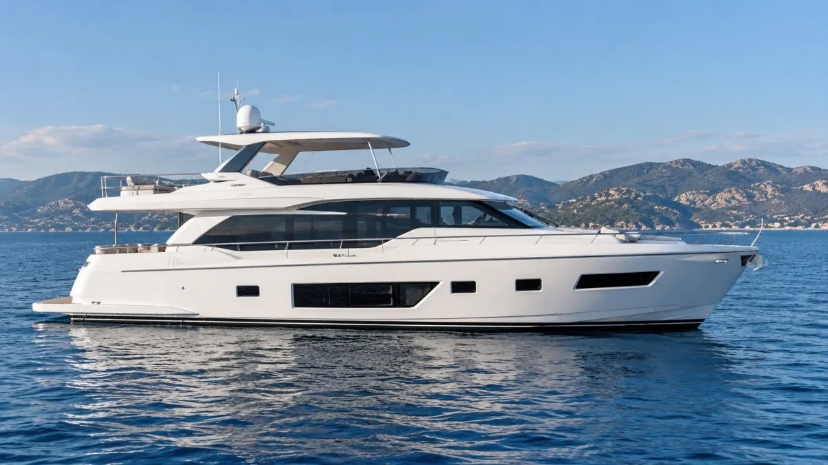 Side profile of an illustrative 80-foot-class white motor yacht on calm coastal water