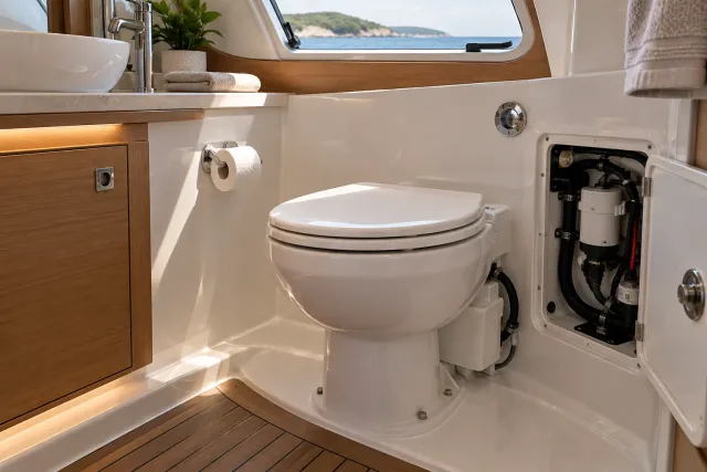 Compact electric marine toilet in a yacht head compartment