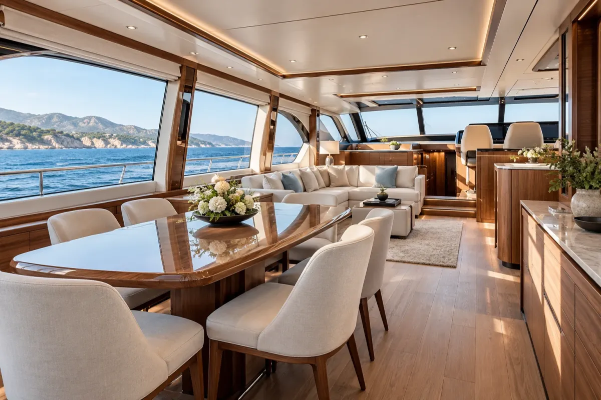 Bright salon and dining area inside a modern motor yacht around 60 feet long
