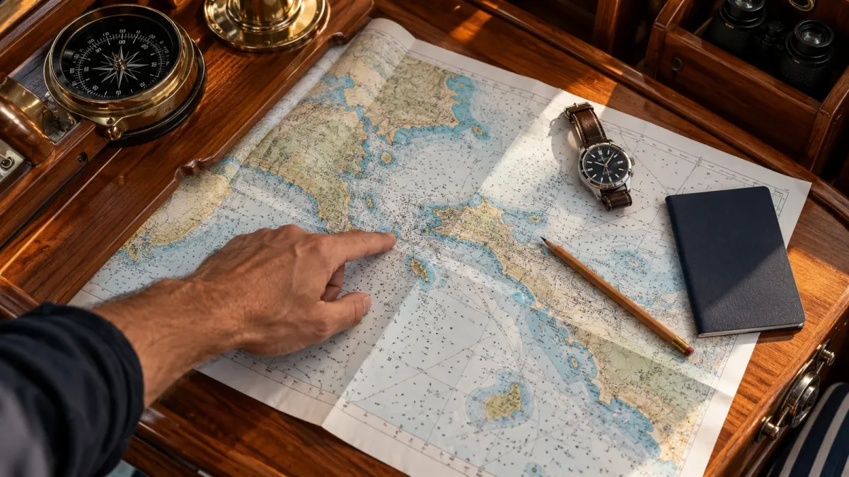 Passage chart, pencil and travel documents on a yacht navigation desk